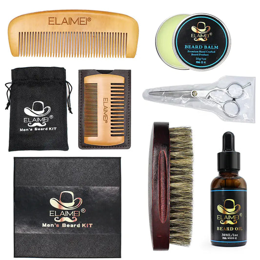 ELAIMEI Beard Care Tool Set with Comb and Oil (6 Pcs) - GLOWLAB
