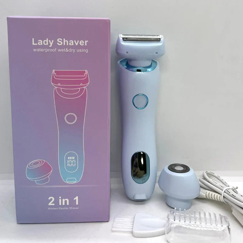 2-in-1 Electric Razor for Women Painless Bikini Trimmer Blue - GLOWLAB