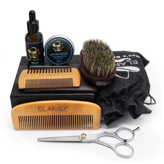 ELAIMEI Beard Care Tool Set with Comb and Oil (6 Pcs) - GLOWLAB