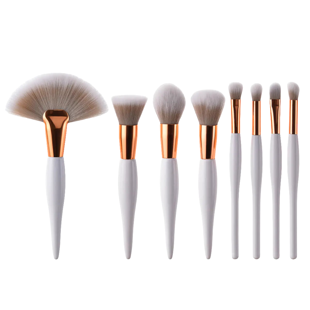 8-Piece Makeup Brush Set with Black Handle and Silver Tubes - GLOWLAB