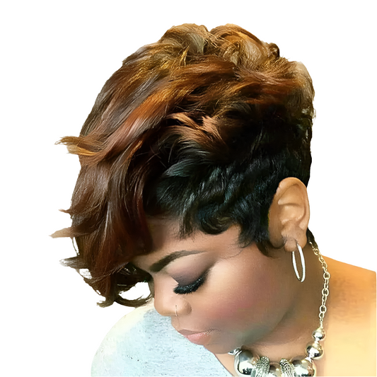 Short Black and Brown Curly Wig with Oblique Bangs - GLOWLAB