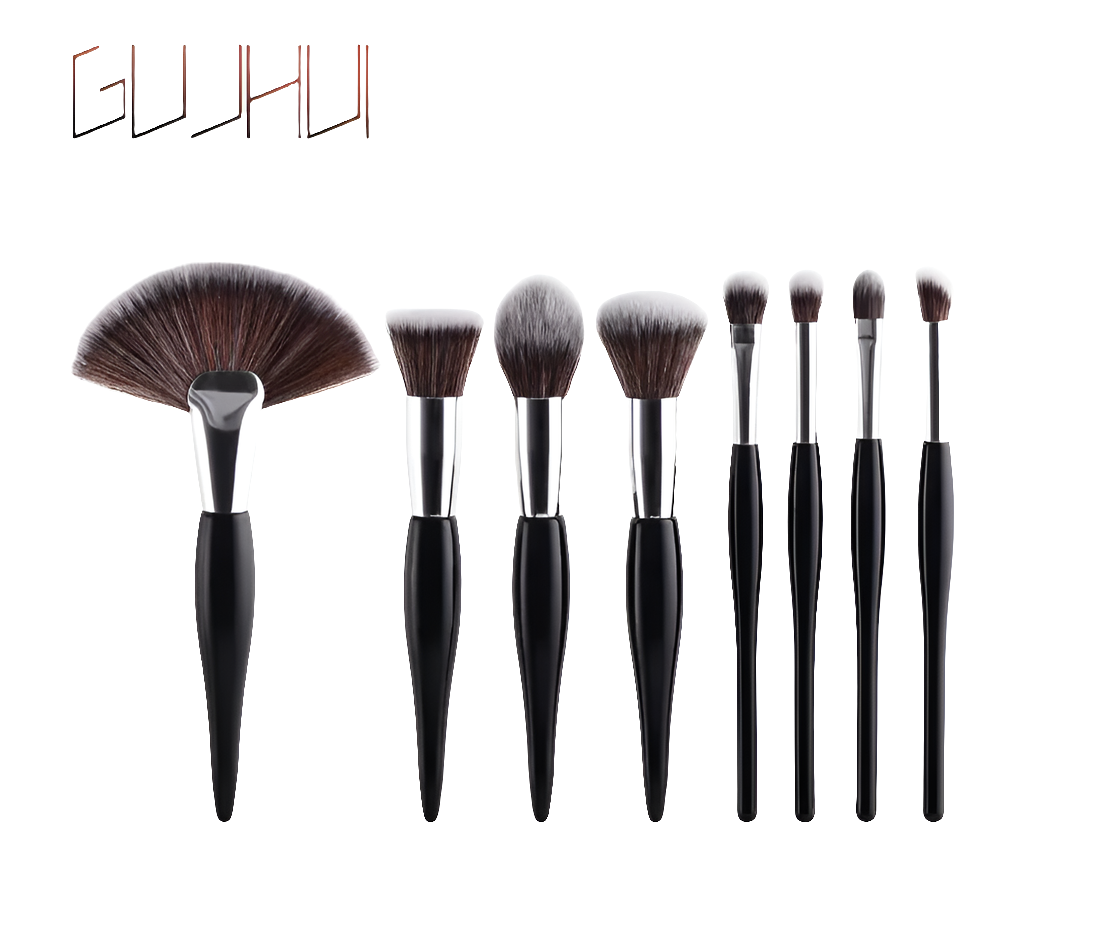 8-Piece Makeup Brush Set with Black Handle and Silver Tubes - GLOWLAB