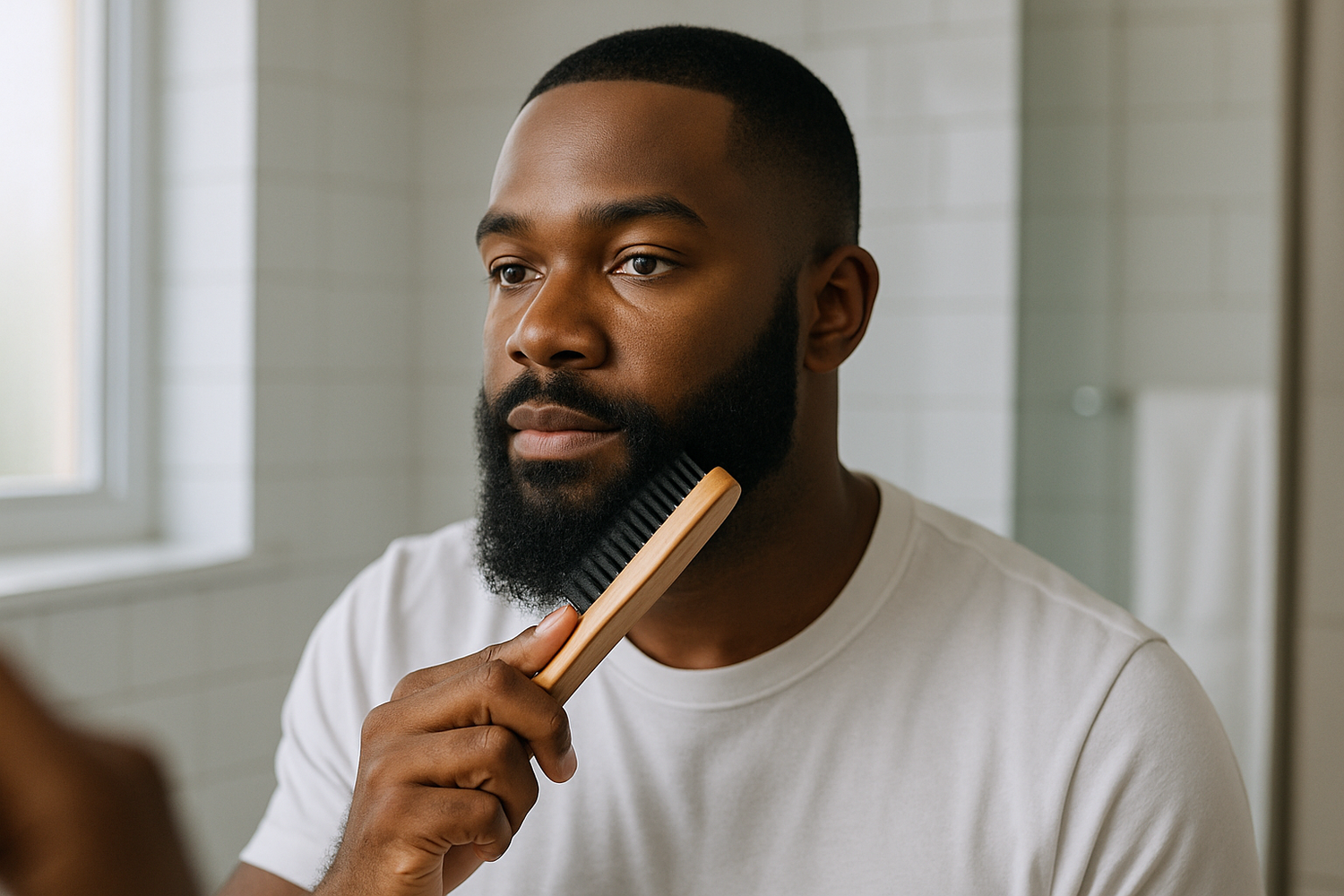 Black man brushing beard in the mirror